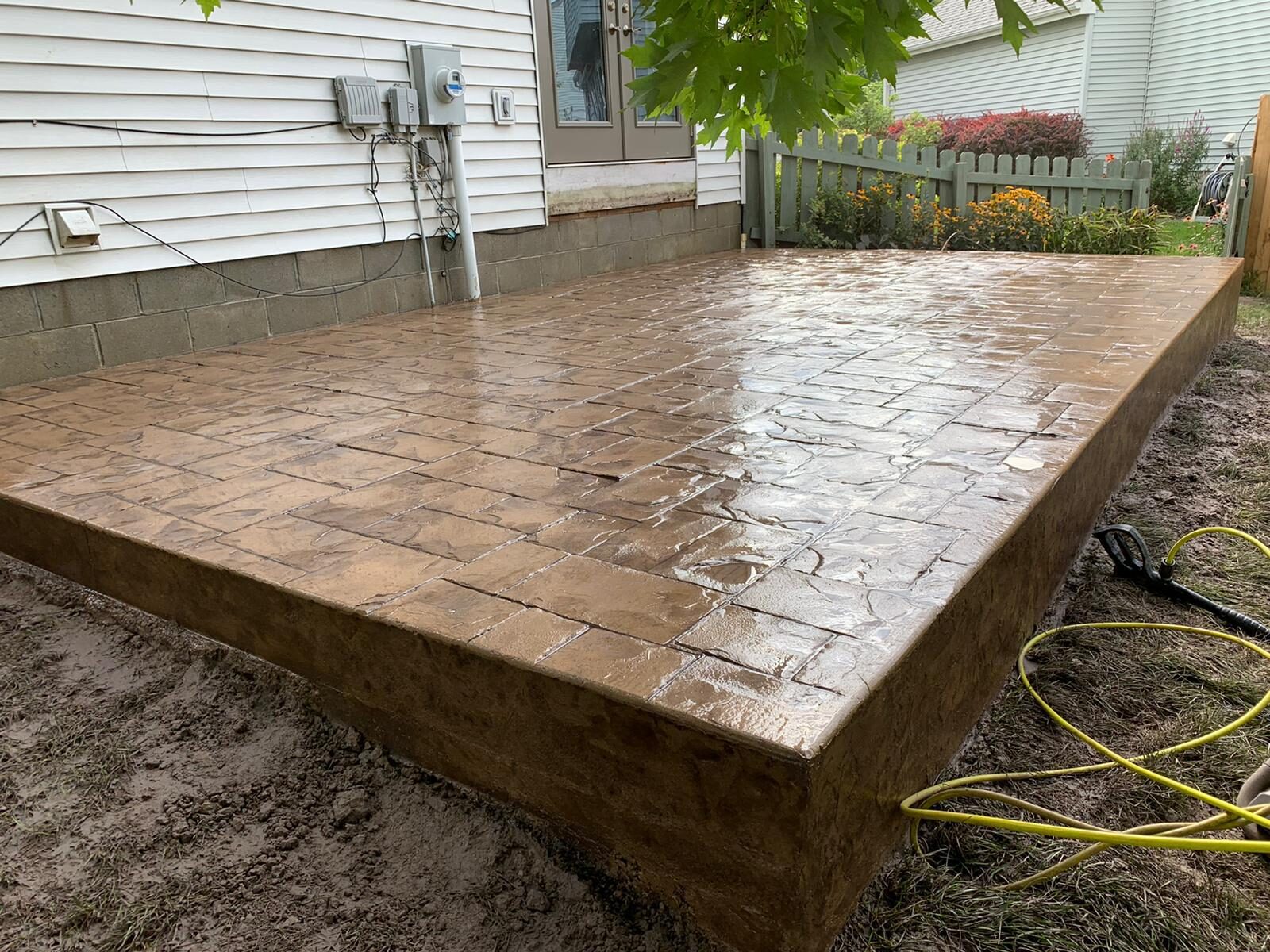 Tan stamped concrete patio